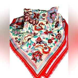 Morgan Taylor Oriental Floral Square Scarf Red Multicolor Metallic Thread 30x31